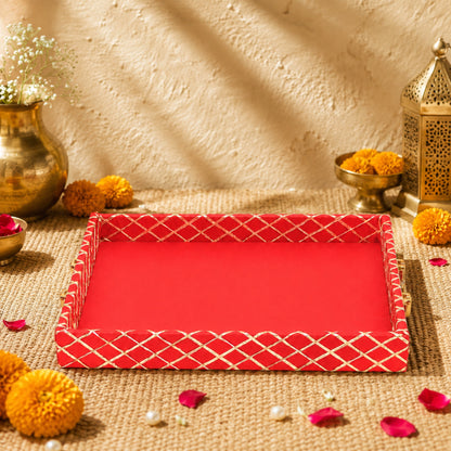 Traditional Red Wooden Square Lace Hamper Tray