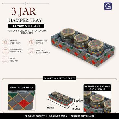 Grey Wooden 3 Jar Open Hamper Tray (11x4x2 inches)