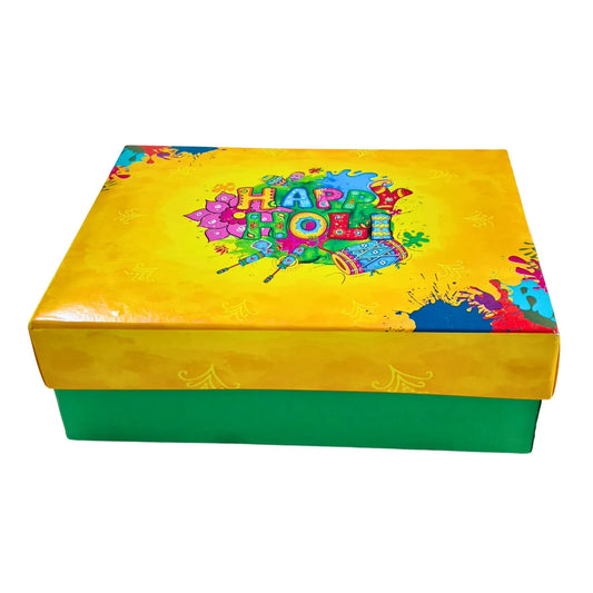 Holi Print Hamper Box 23.6 × 17.8 × 7.62 cm – Yellow | Food Safe Kappa Board Gift Box for Festive Gifting | Grownex Packaging | Hamper Box