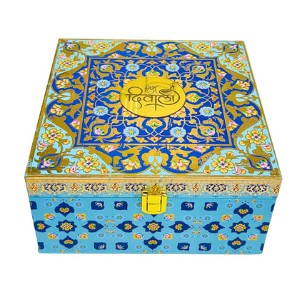Luxury Diwali Gift Box with 4 Glass Jars – Decorative Dry Fruit/Sweets Storage Box with Elegant Floral Design | Grownex Packaging | wooden box