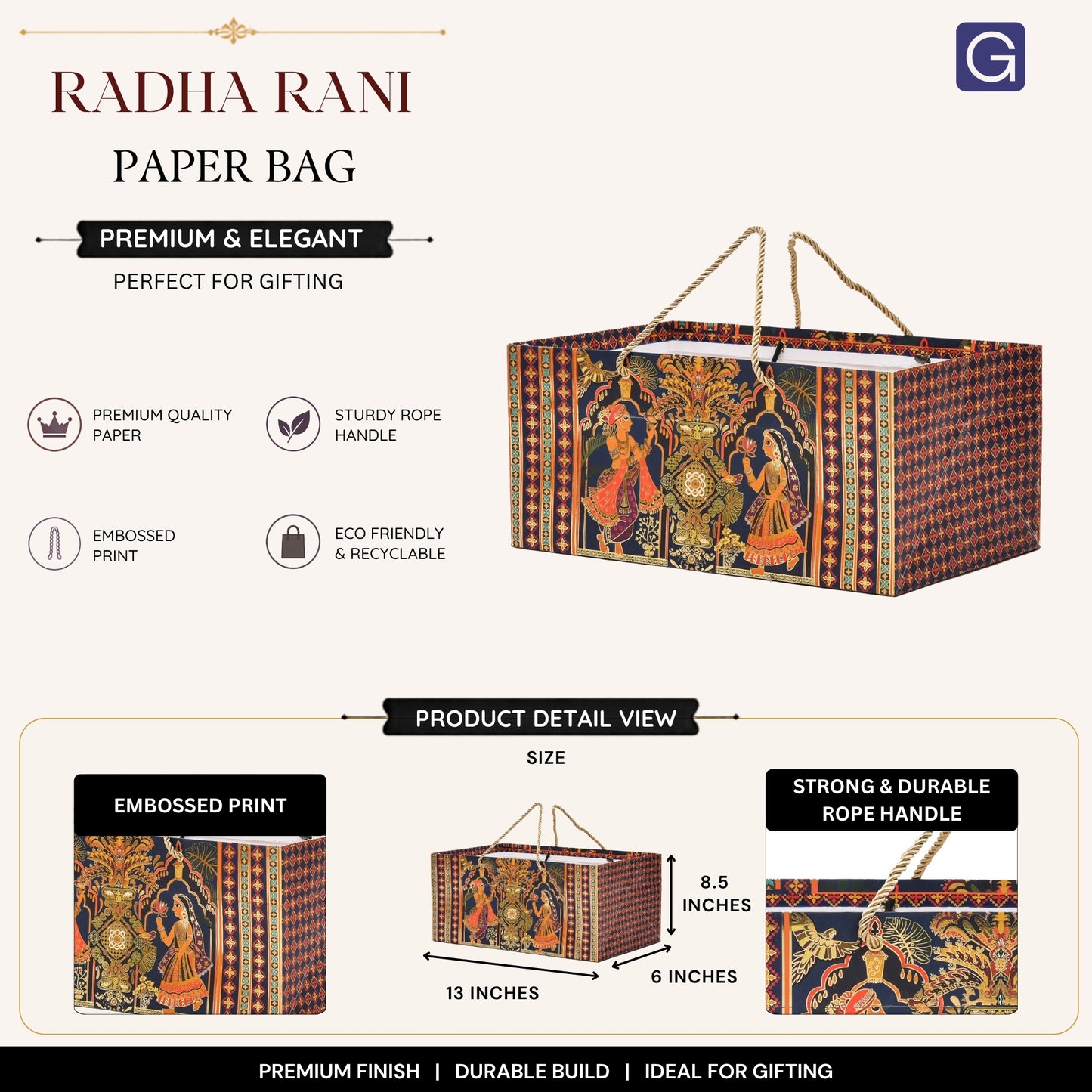 Radha Rani Foil Print Paper Gift Bag 13x8.5x6 Inch | Wedding, Festive & Pooja Gift Packaging