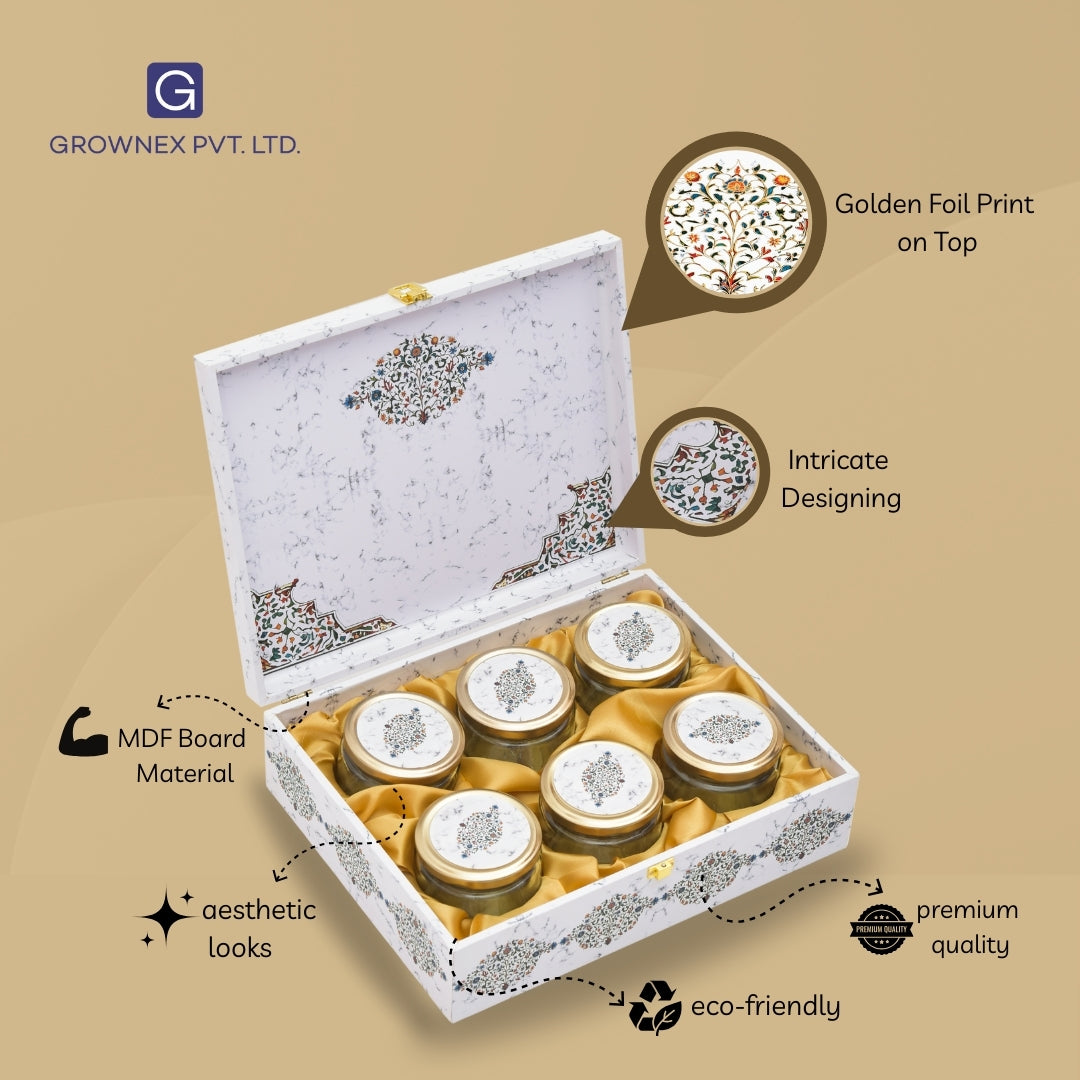 6 Jar White Marble Print Wooden Festive Gift Box | Grownex Packaging | wooden box