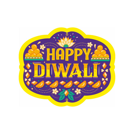 Happy Diwali Sticker – Festive Sweets, Lotus & Motifs (Purple Yellow) | Grownex Packaging | Tags & Stickers