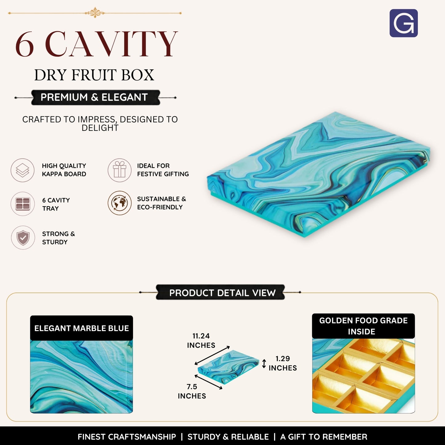 Marble Blue 6 Compartment Dry Fruit Box | Premium Chic Gift & Storage Box