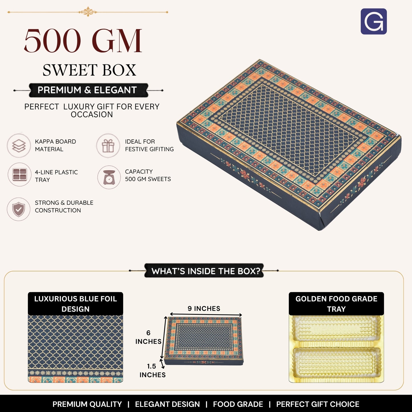 Blue Foil 4 Line Sweet Box | 500gm Premium Matte Finish Mithai Gifting Box