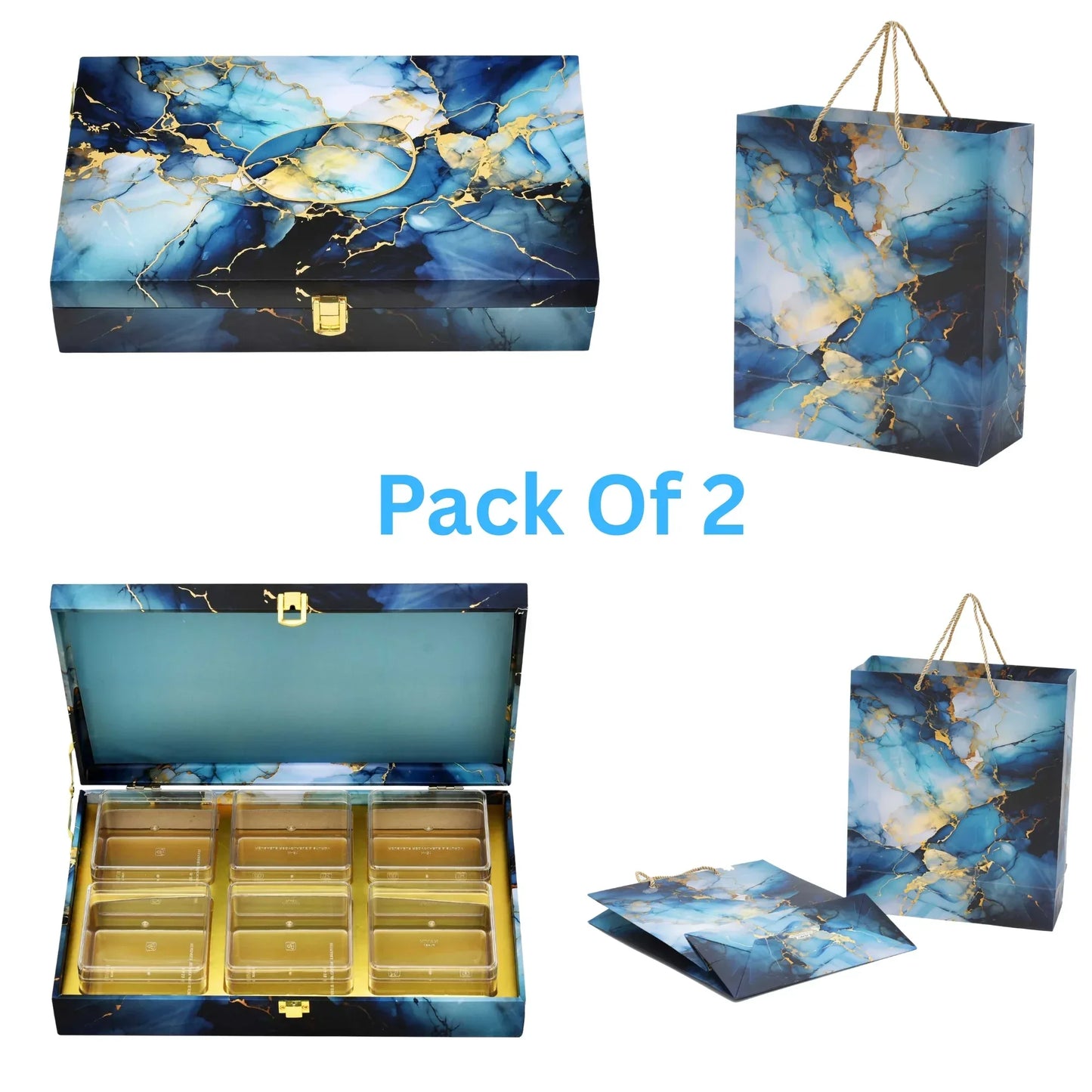 Blue Marble Print Luxury Combo Pack | Wooden Gift Box & Paper Bag | Premium Festive Packaging | Grownex Packaging | wooden box