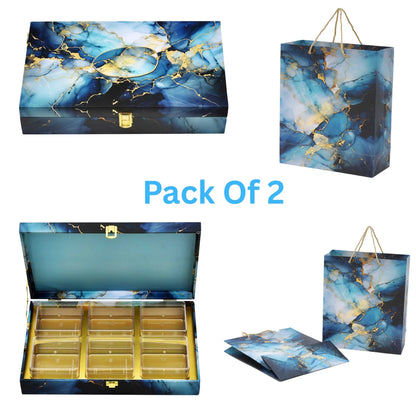 Blue Marble Print Luxury Combo Pack | Wooden Gift Box & Paper Bag | Premium Festive Packaging | Grownex Packaging | wooden box