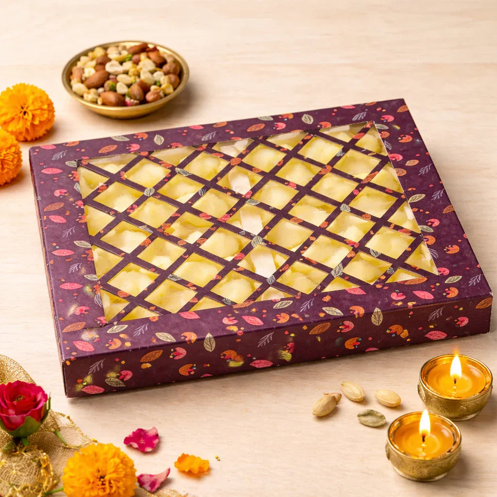 Purple Net-Pattern Dry Fruit Folding Box | Elegant 4-Compartment Gifting & Storage | Grownex Packaging | Dry Fruit Box