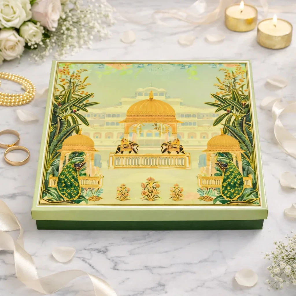 Green Peacock Print Lawana Sweet Box Lid Pattern (5 Partitions Tray) | Grownex Packaging | Sweet Box