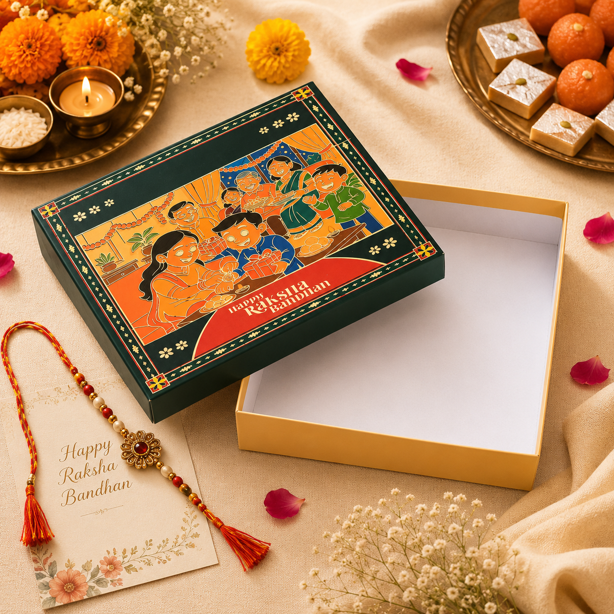 Dark Green Rakhi Gift Packaging Box 7.9 x7.9x2.25 Inches | Premium Empty Hamper Box