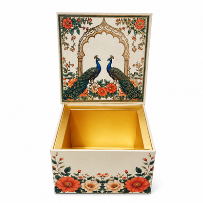 Cream Peacock Print Laddoo Box 1 Piece Open Box