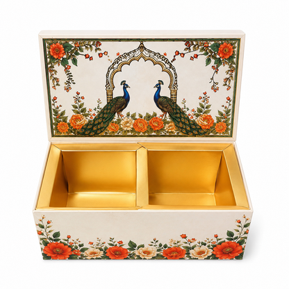Cream Peacock Print Laddoo Box 2 Piece Open Box