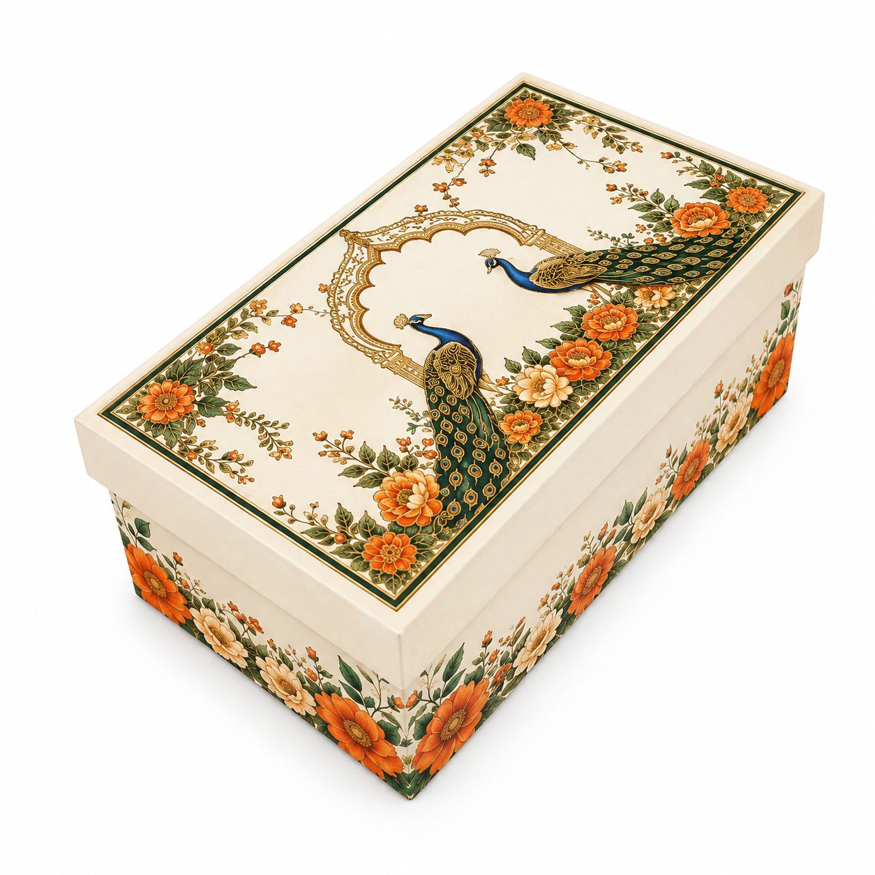 Cream Peacock Print Laddoo Box 2 Piece Side Angle