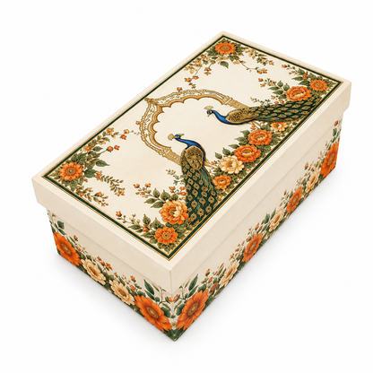 Cream Peacock Print Laddoo Box 2 Piece Side Angle