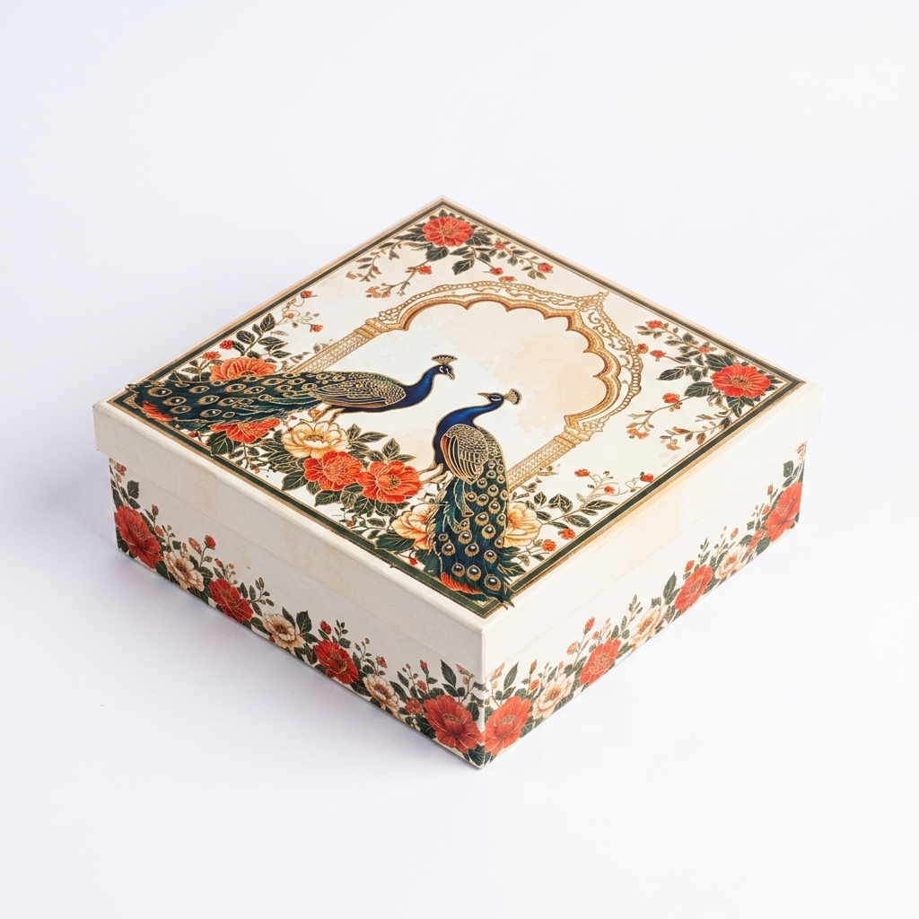 Cream Peacock Print Laddoo Box 4 Piece Side Angle