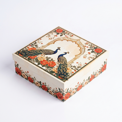 Cream Peacock Print Laddoo Box 4 Piece Side Angle