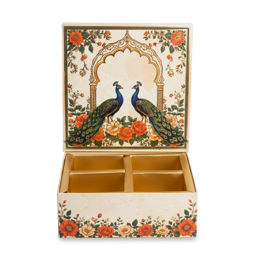Cream Peacock Print Laddoo Box 4 Piece Open Box