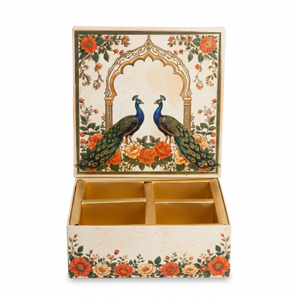 Cream Peacock Print Laddoo Box 4 Piece Open Box