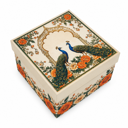 Cream Peacock Print Laddoo Box 1 Piece Side Angle