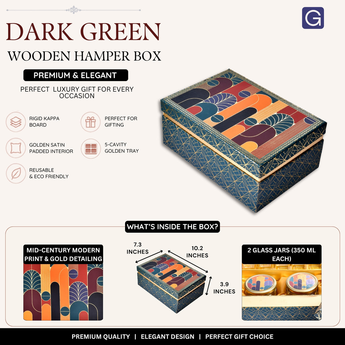 Dark Green Border with Mid-Century Modern Print Rigid Gift Box – Premium Hamper with 5-Cavity Tray & Dual Glass Jars