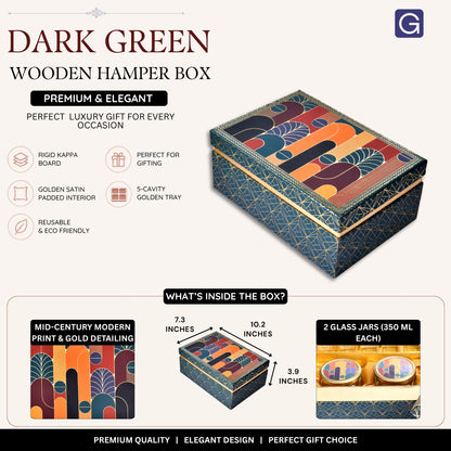 Dark Green Border with Mid-Century Modern Print Rigid Gift Box – Premium Hamper with 5-Cavity Tray & Dual Glass Jars