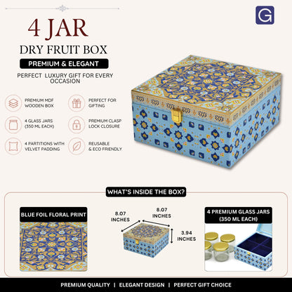 4 Jar Blue Foil Wooden Box – Premium Dry Fruit Gift Box