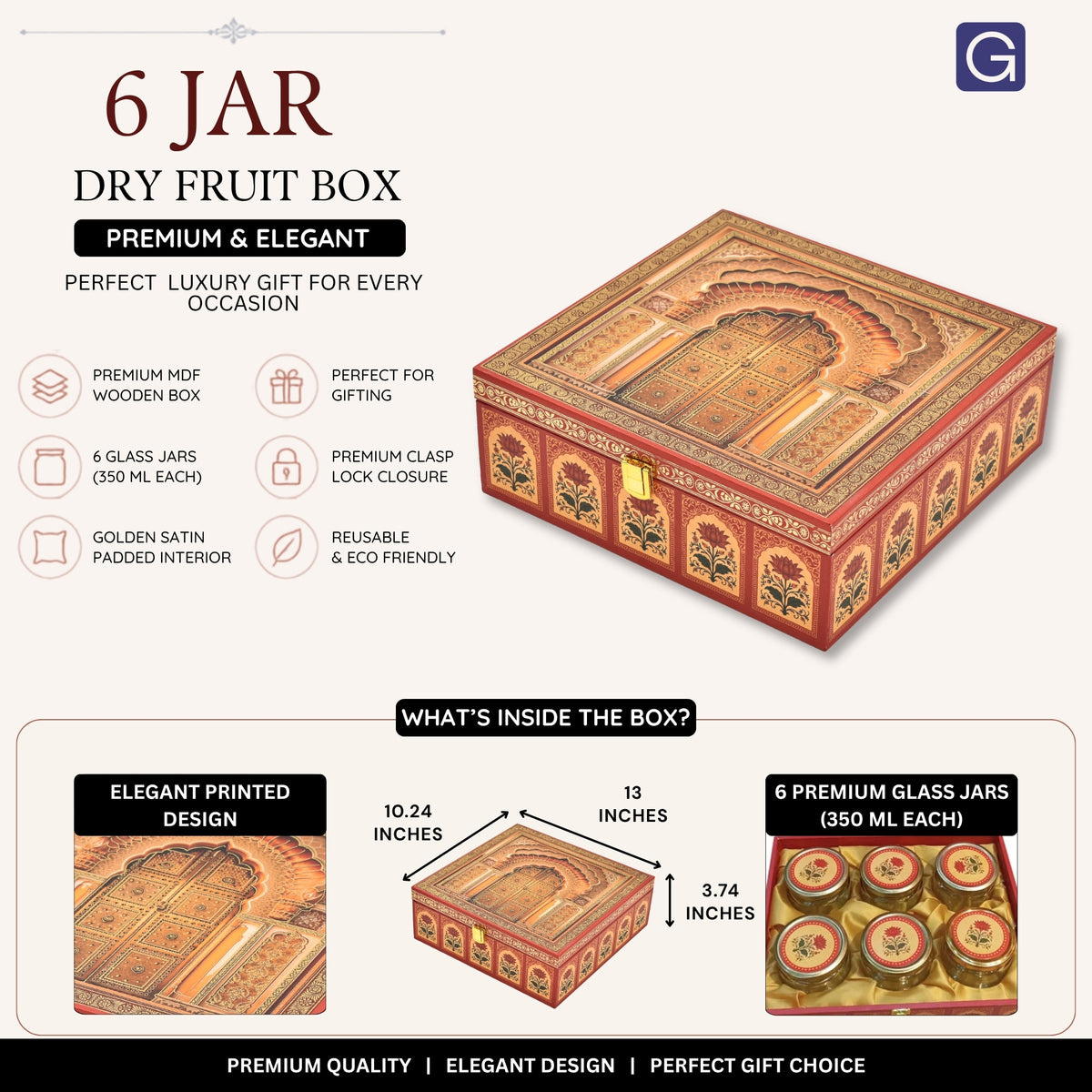 Royal Door Print Wooden Gift Hamper Box with 6 Glass Jars – Dry Fruit Packaging