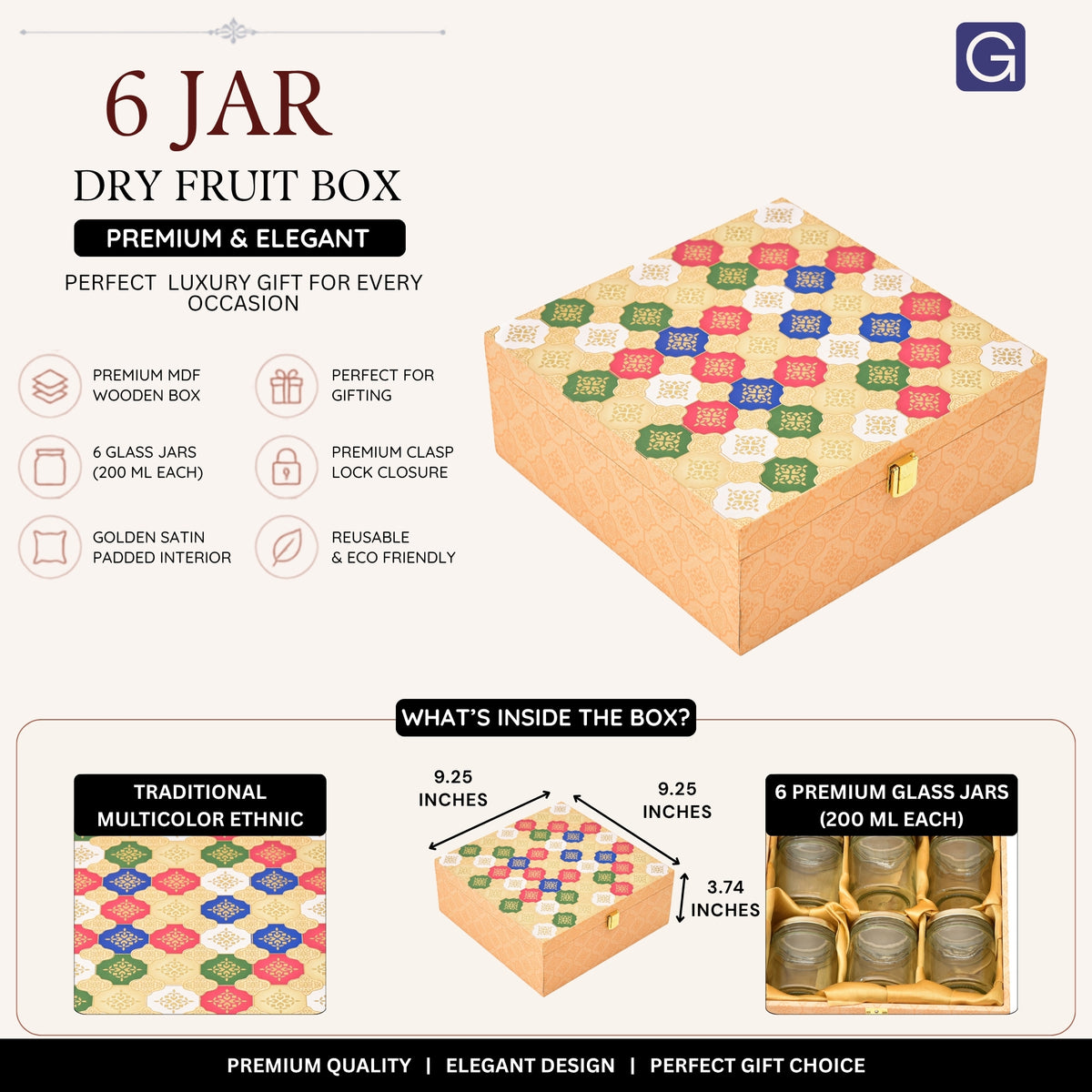 Heritage Multicolor Wooden Gift Box with 6 Glass Jars – Ethnic Festive Hamper