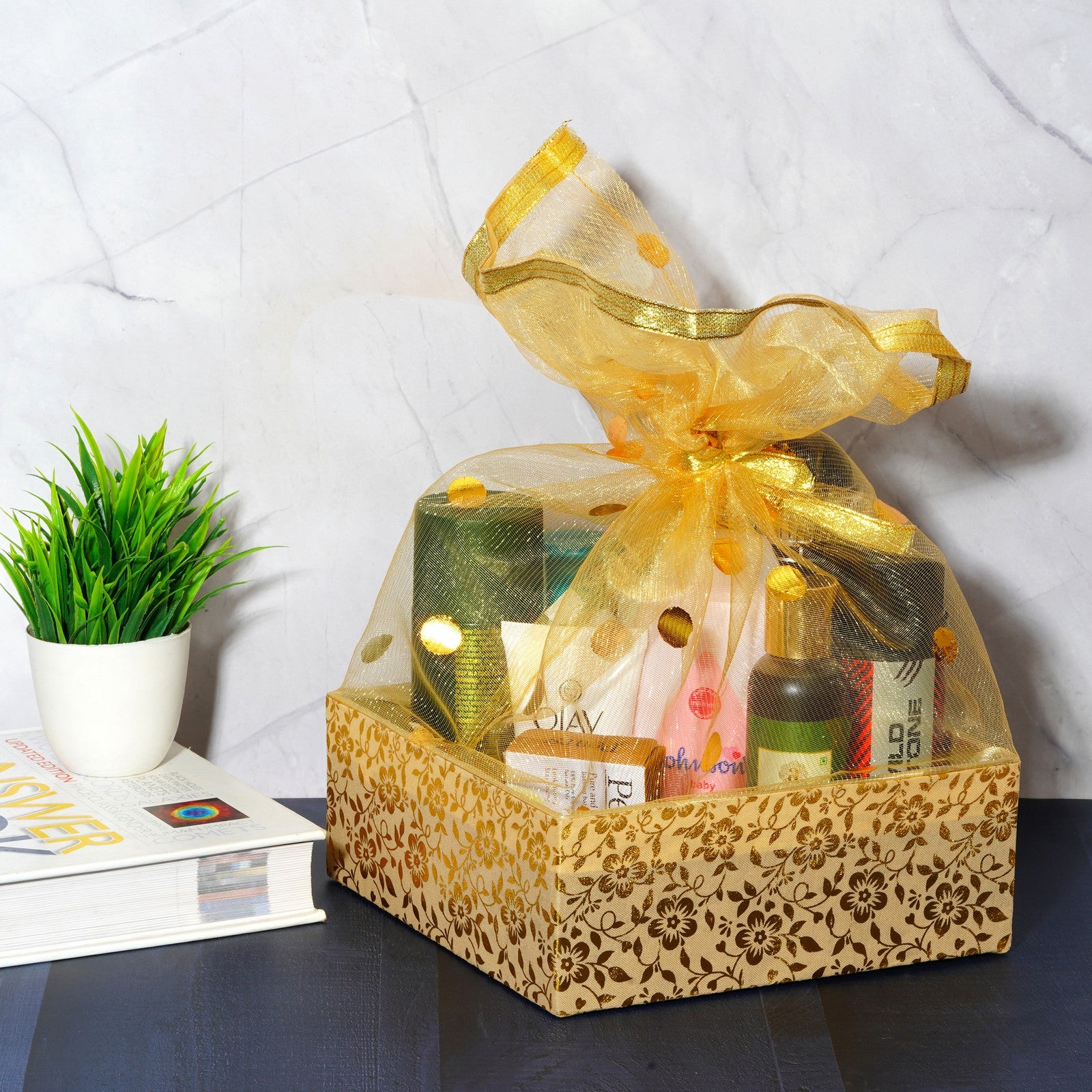 Floral Gold Gift Basket | Grownex Packaging | Basket & Tray