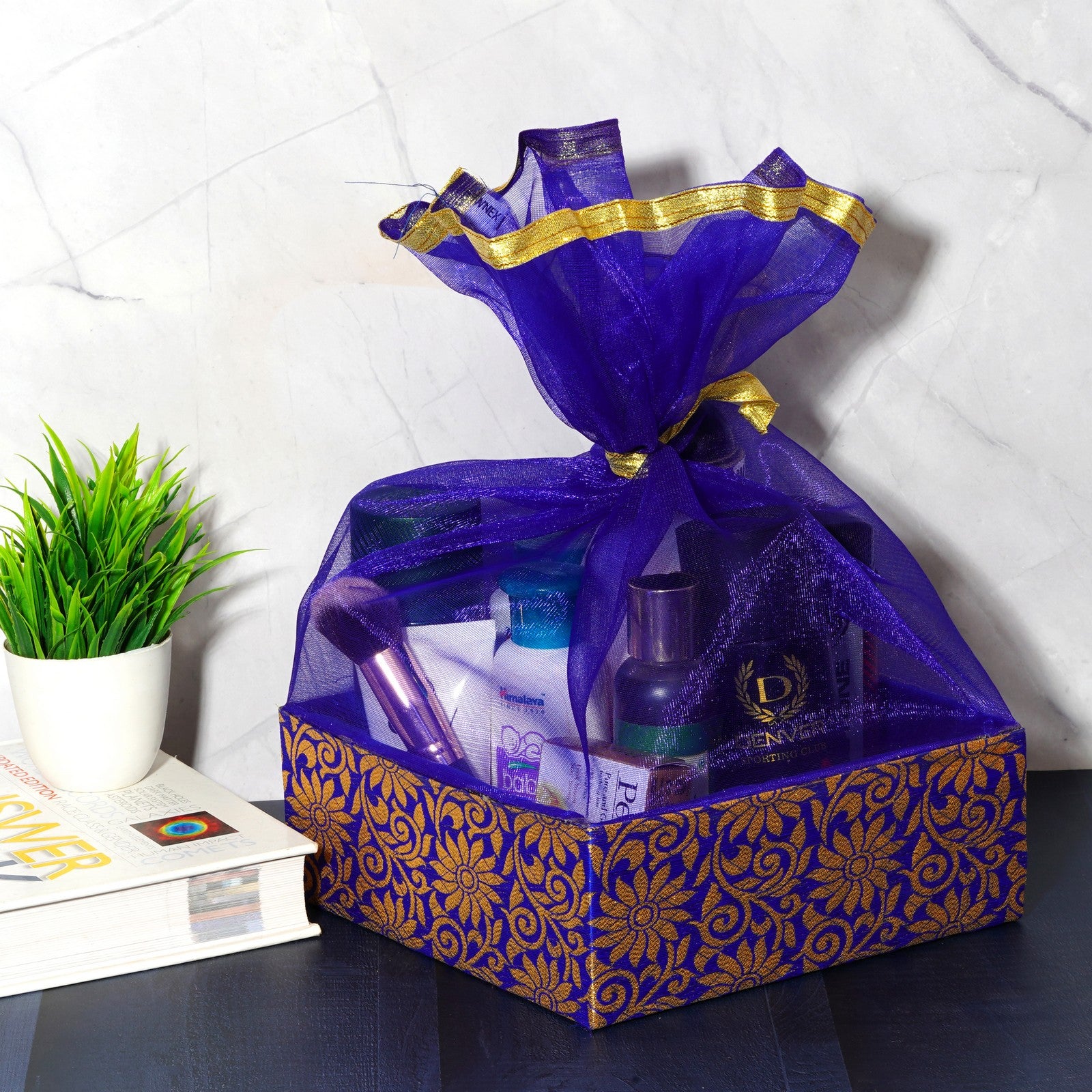 Floral Print Blue Wooden Gift Hamper Basket | Grownex Packaging | Basket & Tray