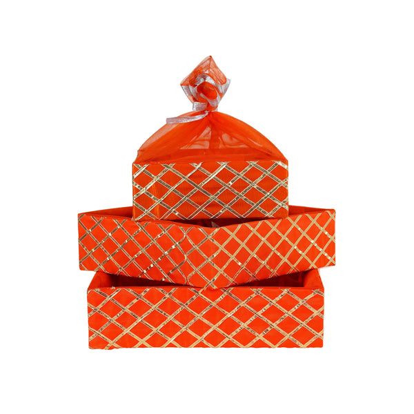 Square Lace Orange Decorative Basket Set of 3 - Front View | Grownex Packaging