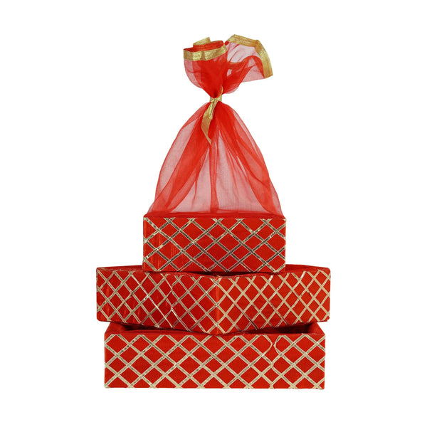Multicolor Wedding Shagun Basket | Square Lace Red Gift Basket Set of 3 - Front View | Grownex Packaging