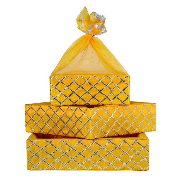 Square Lace Yellow Gift Basket Set of 3 - Front View | Grownex Packaging