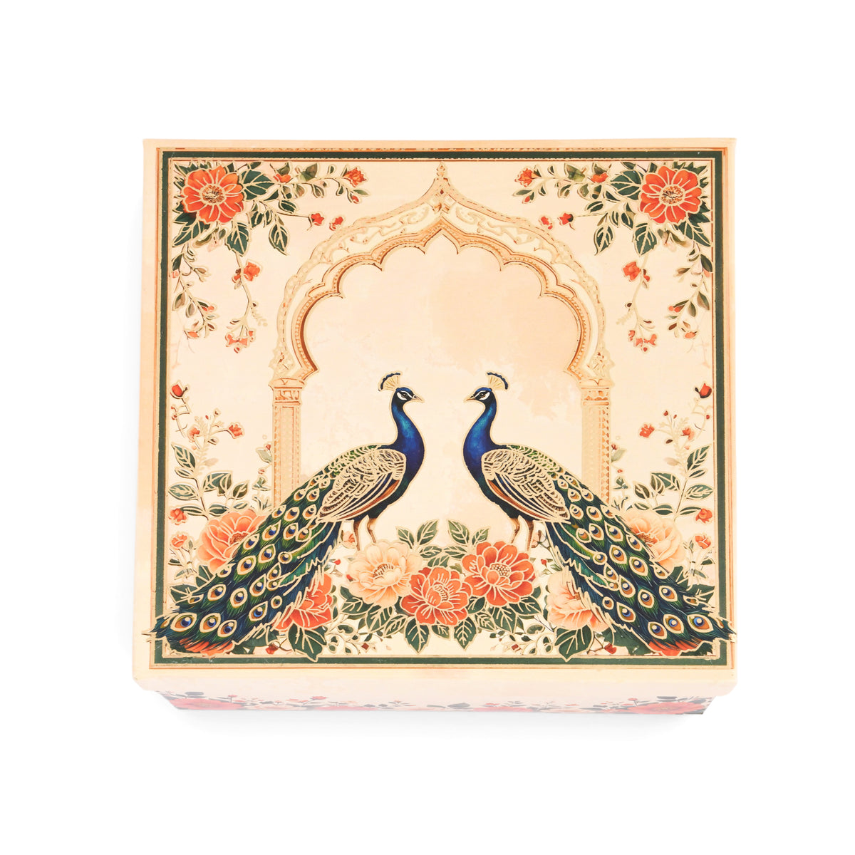 Cream Peacock Print Laddoo Box 4 Piece