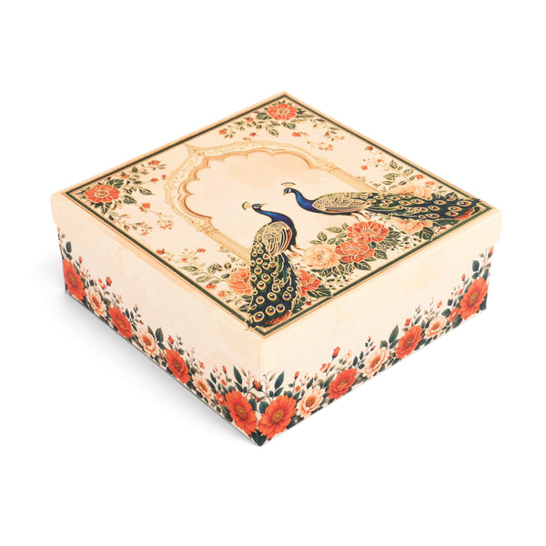 Cream Peacock Print Laddoo Box 4 Piece | Diwali, Wedding & Festive Mithai Packaging