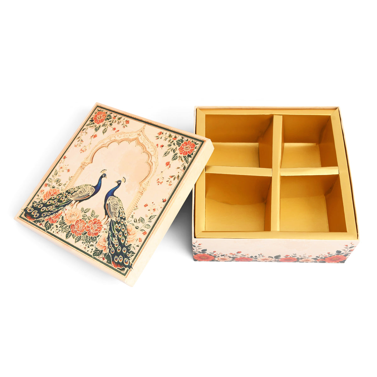 Cream Peacock Print Laddoo Box 4 Piece