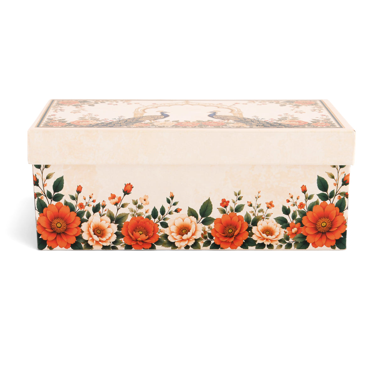 Cream Peacock Print Laddoo and Sweet Box 2 Piece