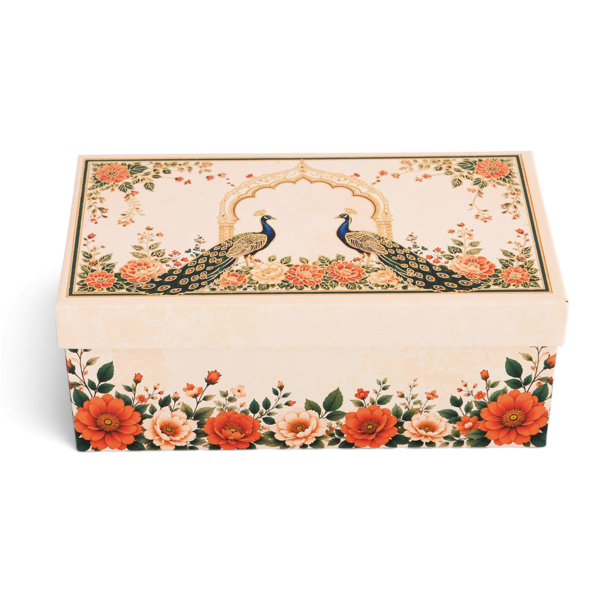 Cream Peacock Print Laddoo and Sweet Box 2 Piece