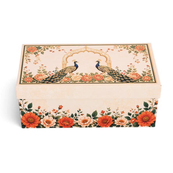 Cream Peacock Print Laddoo Box 2 Piece | Diwali, Wedding & Festive Mithai Packaging