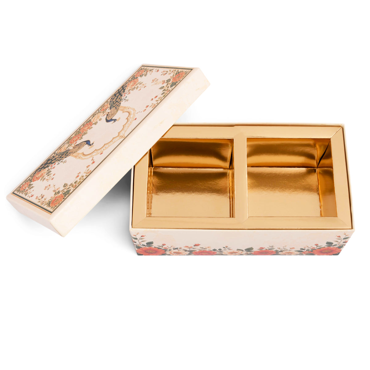 Cream Peacock Print Laddoo and Sweet Box 2 Piece