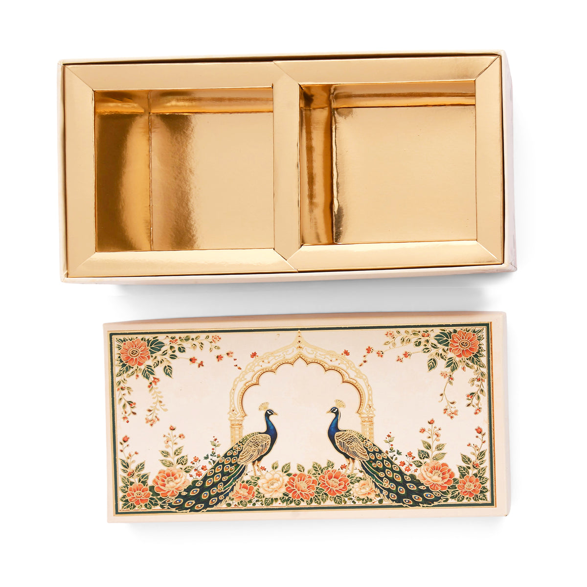 Cream Peacock Print Laddoo and Sweet Box 2 Piece