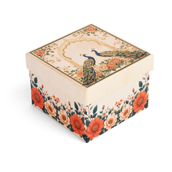 Cream Peacock Print Laddoo Box 1 Piece | Diwali, Wedding & Festive Mithai Packaging
