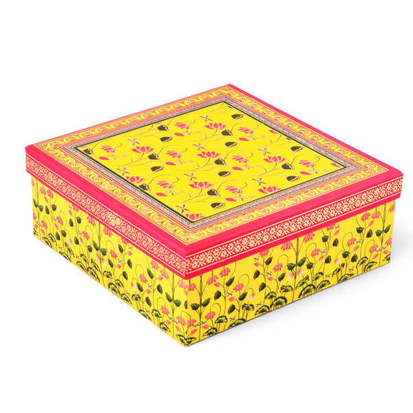 Peacock Floral Yellow Laddoo Box 4 piece — Printed Sweet Box for Mithai & Festive Gifting