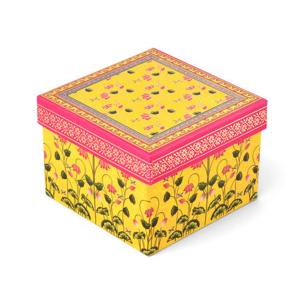 Peacock Floral Yellow Laddoo Box 1 piece — Printed Sweet Box for Mithai & Festive Gifting