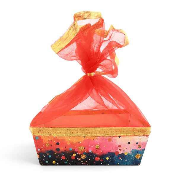 Orange Splash Print Hamper Basket with Net Cover | Diwali & Wedding Gift Basket