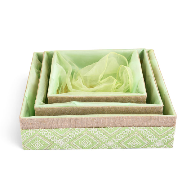 Lime Green Embossed Cloth Jute Basket – Set of 3