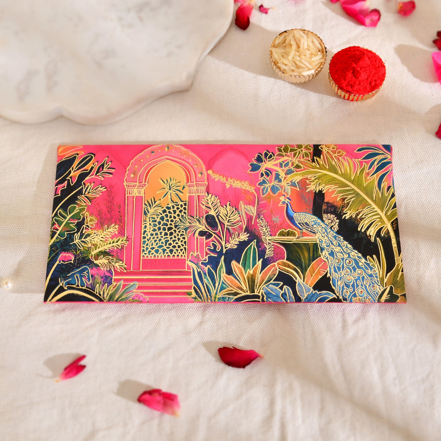 Pink Mughal Garden Peacock Envelope
