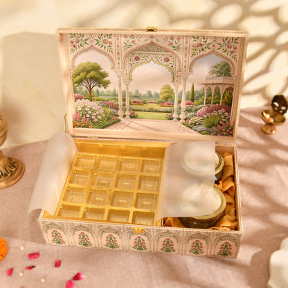 Royal Mughal Garden Wooden Hamper Box with Jars & Chocolate Tray | Diwali, Wedding & Festive Gifting