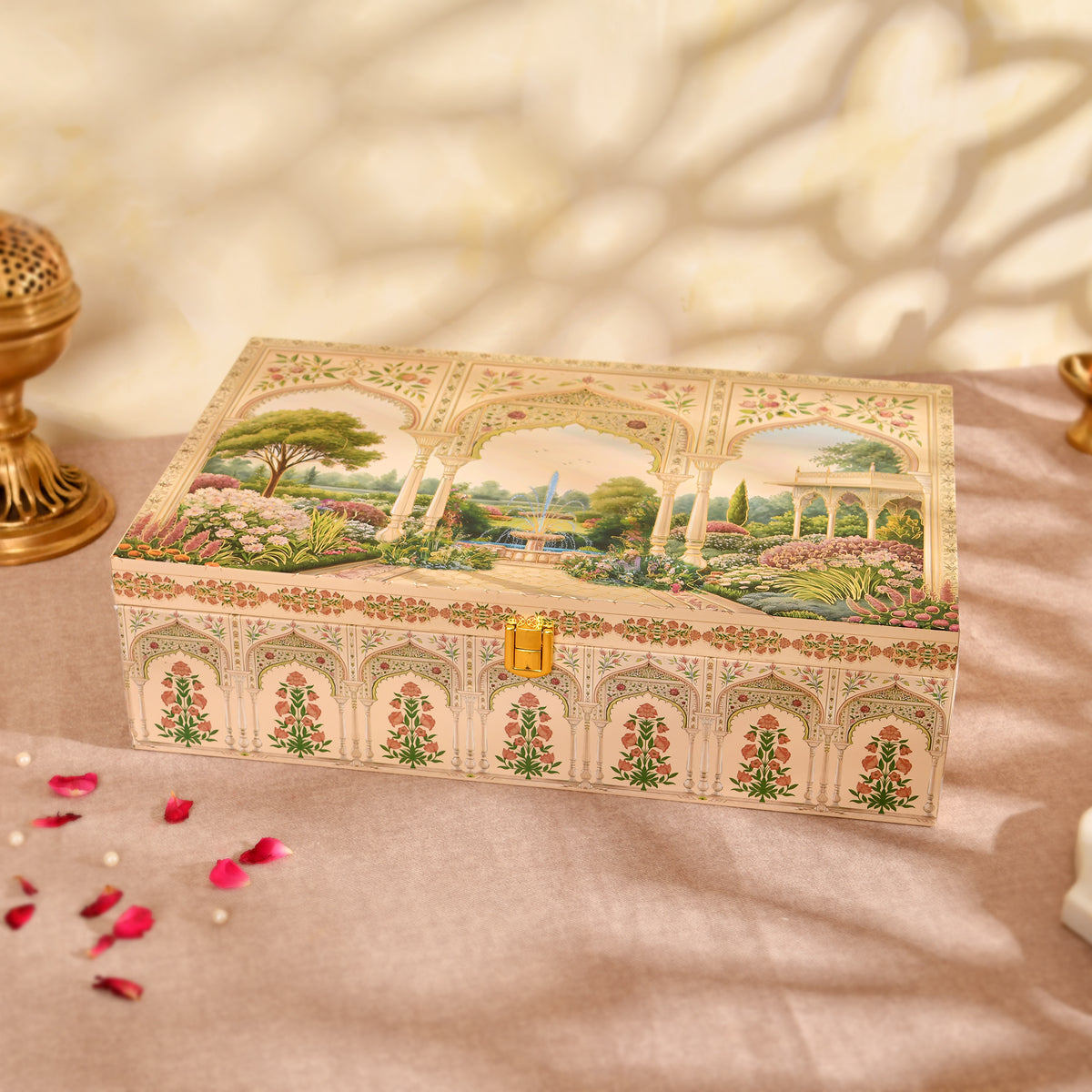 Royal Mughal Garden Wooden Hamper Box with Jars & Chocolate Tray | Diwali, Wedding & Festive Gifting