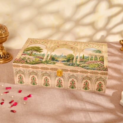 Royal Mughal Garden Wooden Hamper Box with Jars & Chocolate Tray | Diwali, Wedding & Festive Gifting